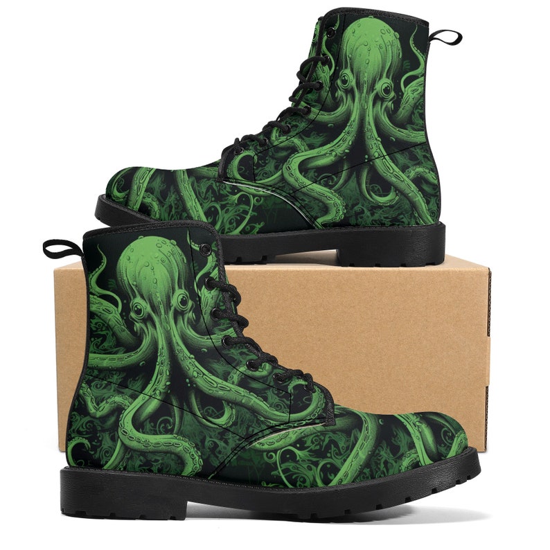 Octopus Men Leather Boots, Tentacles Green Vegan Lace Up Shoes Hiking Festival Black Ankle Combat Work Winter Waterproof Custom Gift image 1