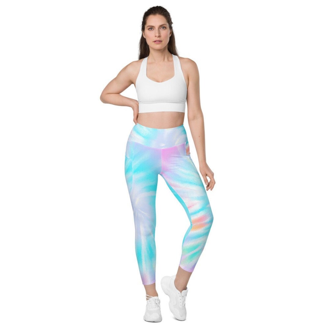 Rainbow Tie Dye Blue Women Leggings Side Pockets, Pastel Printed Yoga Pants  Graphic Workout Running Gym Designer Plus Size Tights 