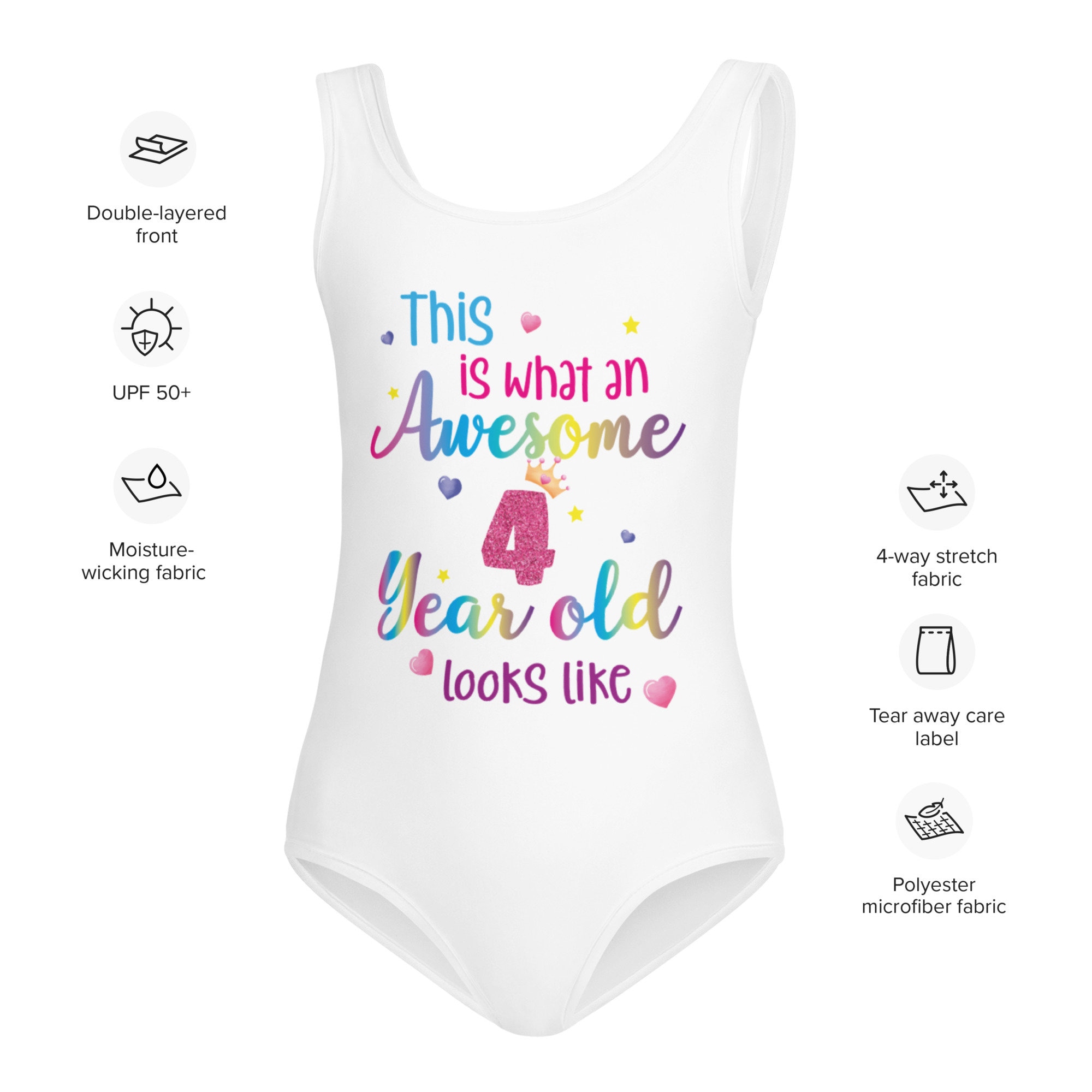 Awesome 4 Year Old Looks Like Girls Swimsuit Custom Birthday 4th Fourth Year Fun Rainbow Party Gift Kids One Piece Bathing Suit Swimming Etsy Canada