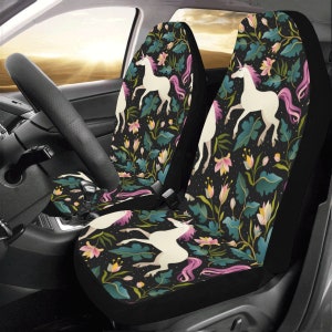 Car Seat covers for Women, Unicorn Purple Seat Cover 2 pc, Cute Horse Flowers Front Seat Covers, Car SUV Vans Seat Protector Accessory