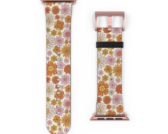 Groovy Flowers Apple Watch Band, Cute Retro Floral Designer Vegan Faux Leather 38mm 40mm 42mm 44mm Size Series 1 2 3 4 5 6 7 SE Strap