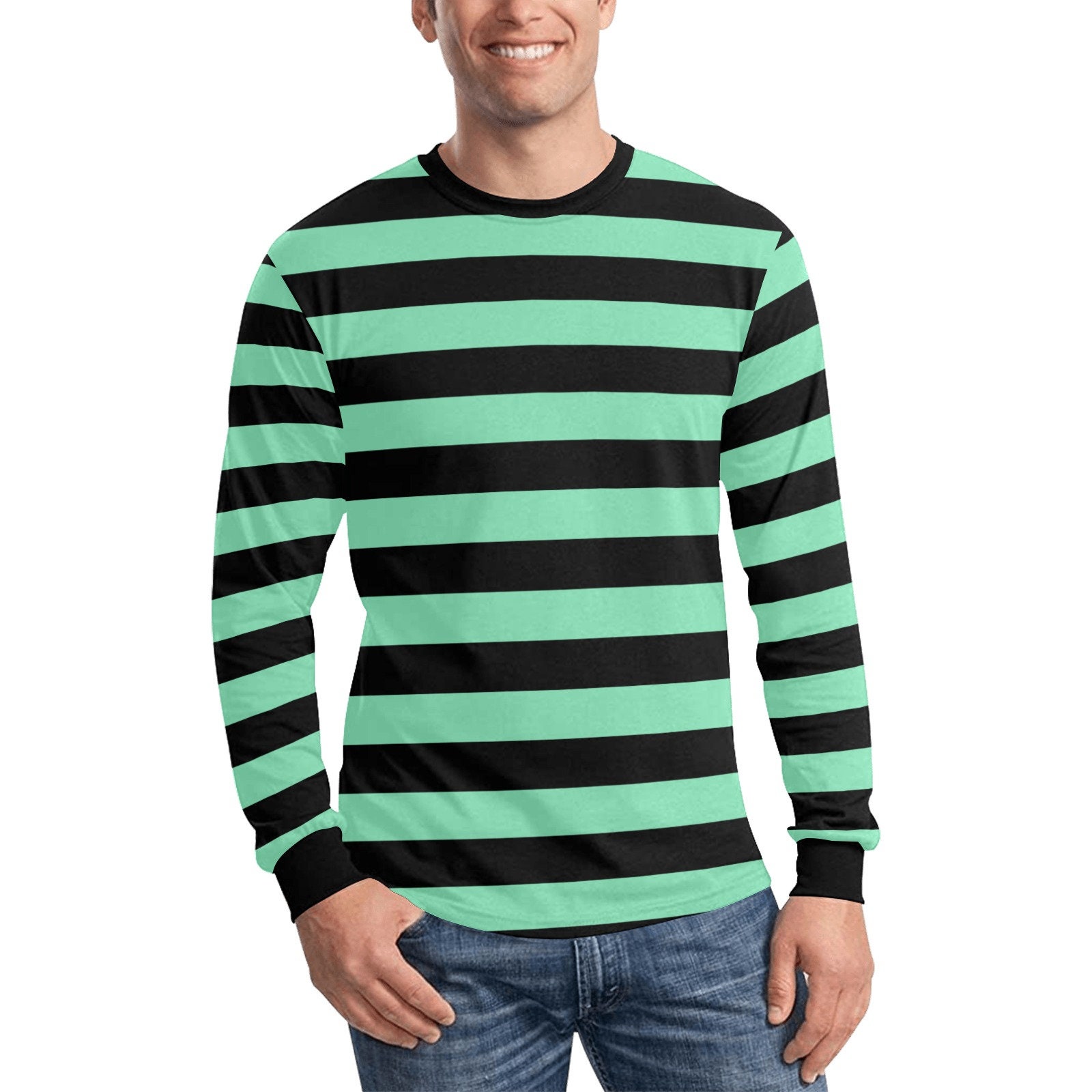 Black Green Men Long Sleeve Striped Tshirt, Graphic Vintage Black Green Men Long Sleeve Striped Tshirt, Graphic Vintage