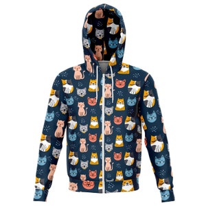 Cat Pattern Zip Up Hoodie, Kitten Front Zipper Pocket Men Women Adult Aesthetic Graphic Cotton Hooded Sweatshirt
