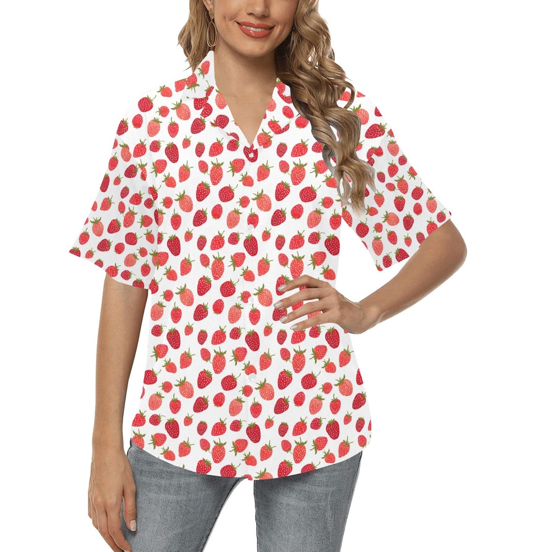 Strawberry Women Hawaiian Shirt, Summer Fruit White Red Tropical Print  Vintage Retro Hawaii Aloha Cool Button up Down Ladies Cool Blouse -   Canada