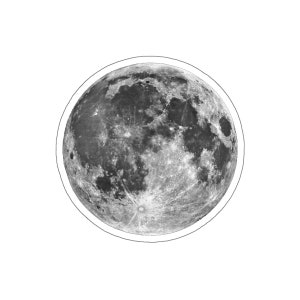 Può includere: Un'immagine in bianco e nero della luna con un bordo circolare.