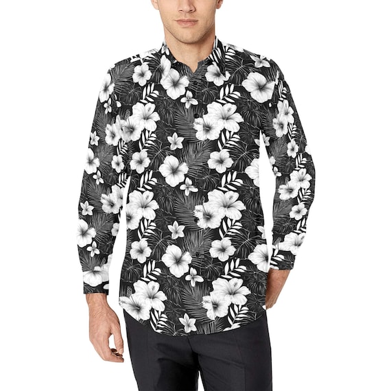 mens black floral dress shirt HI-Tie Black Dinner Shirt Purple Floral Silk Men's Long Sleeve Shirts, M