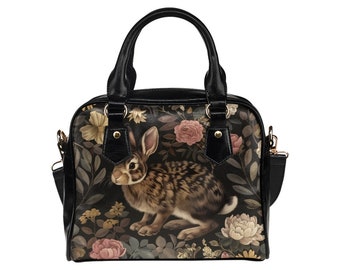Rabbit Purse, Bunny Animal Retro Vintage Floral Flowers Black Print Small Shoulder Bag Vegan Leather Women Designer Handbag Crossbody Ladies