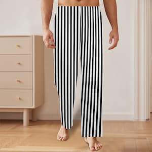 Black and White Striped Men Pajamas Pants, Thin Pin Stripes Satin PJ Pockets Sleep Trousers Sleepwear Guys Male Adult Long Lounge Bottoms