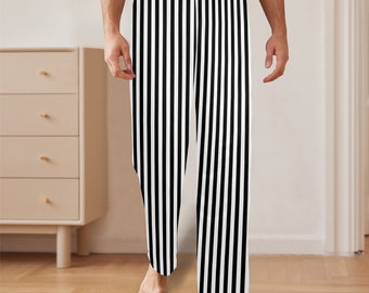 Black and White Striped Men Pajamas Pants, Thin Pin Stripes Satin PJ Pockets Sleep Trousers Sleepwear Guys Male Adult Long Lounge Bottoms
