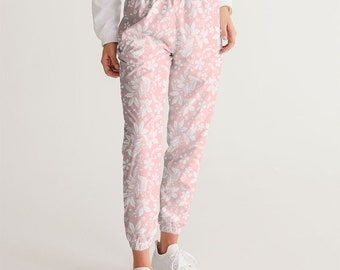 Pink White Floral Women Track Pants, Flowers Female Sports Exercise Zip Pockets Quick Dry Elastic Waist Windbreaker Tracksuit Joggers Ladies