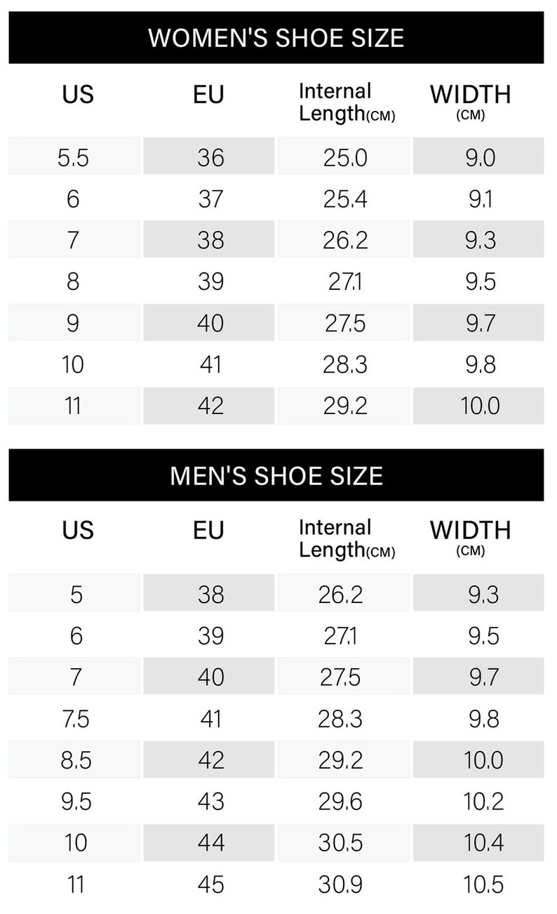 以下が含まれることがあります： 米国、EU、内側の長さ（センチメートル）、幅（センチメートル）で表された、女性用と男性用の靴のサイズを示す表です。