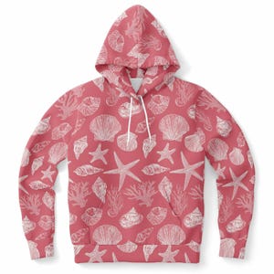 Coral Pink Beach Hoodie, Ocean Sea Shells Star Pullover Men Women Adult Graphic Cotton Hooded Sweatshirt with Pockets Designer Plus Size