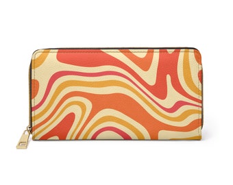 Orange Leather Wallet Women, Funky Yellow Retro Vintage Groovy Vegan Zipper Around Coins Credit Cards Pocket Cash Ladies Slim Clutch Purse