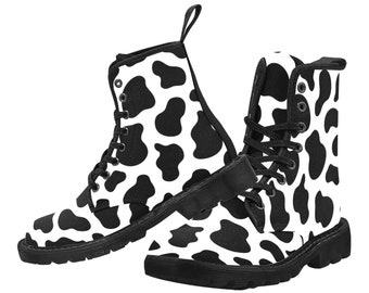 Cow Print Women's Boots, Animal Print Farm Vegan Canvas Lace Up Shoes, Black White Army Ankle Combat Winter Casual Custom Gift