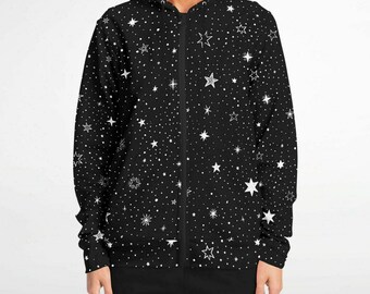 Stars Zip up Hoodie, Black White Space Celestial Galaxy Full