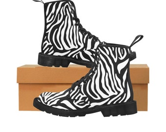 ゼブラプリントキャンバスレディースブーツ、ブラックホワイトストライプレースアップレディースシューズフェスティバルプリントブラックアンクルコンバットウィンターカジュアルワークハイキング