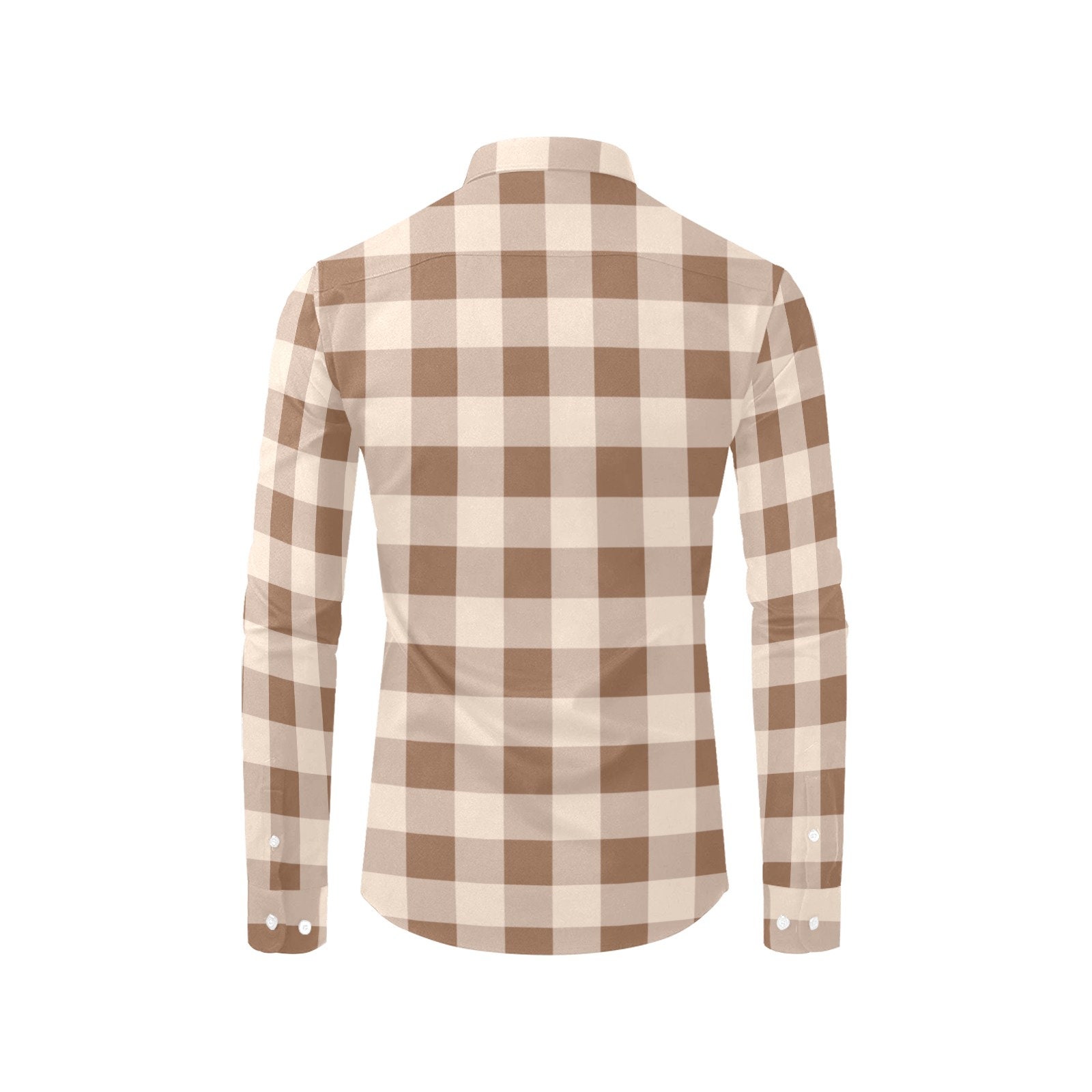 Light Brown Plaid Long Sleeve Men Button up Shirt, Beige Cream