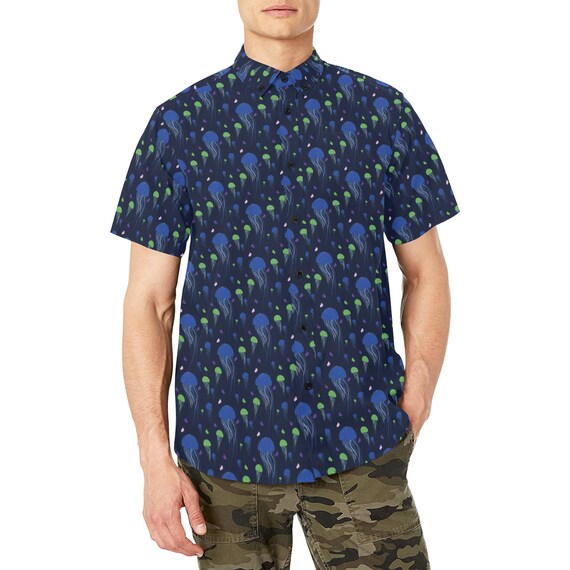 jellyfish dress shirt Jellyfish Men Button Down Shirt Chest Pocket, Ocean Sea Blue Short Sleeve  Casual Print Buttoned up Collar Dress Shirt