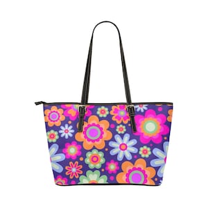 Blumen Leder Tote Bag, Pink Lila Geldbörse klein große Blume Vegan Schulter Reißverschluss Top Designer Frauen Arbeit Laptop Handtasche