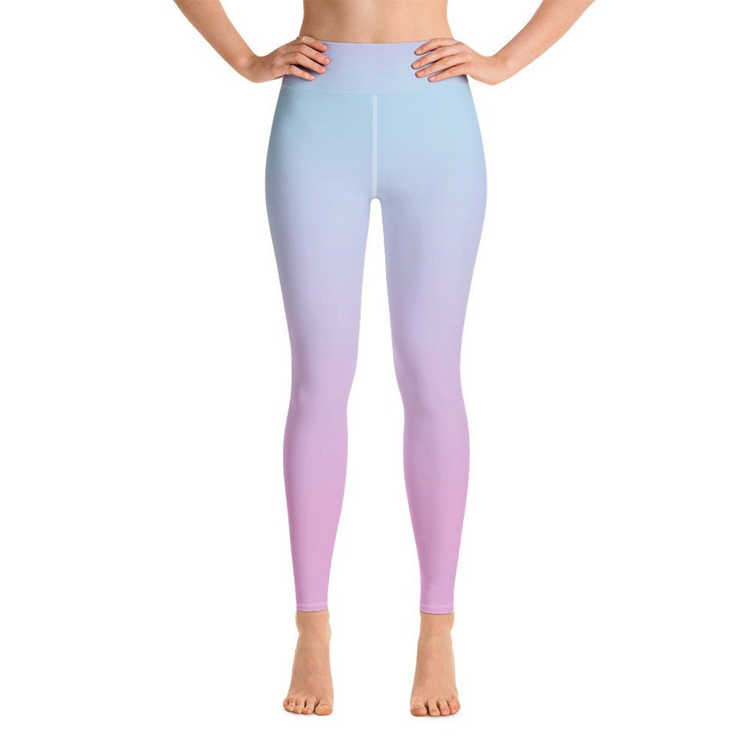 Ombre Pastel Blue Pink Leggings, Gradient Tie Dye Printed Yoga High Waist  Pants Cute Print Graphic Workout Running Gym Fun Designer Gift For 