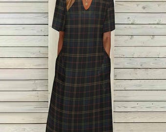 Plaid Women Maxi Dress, Dark Blue Green Yellow V-Neck Print Short Sleeve Evening Cocktail Ladies Handmade Designer Plus Size Outfit Pockets
