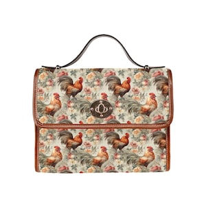 Sac cartable en toile fleurs de poulet, animaux de la ferme vintage Cottagecore imperméable marron femmes mignonnes sac à main bandoulière en cuir végétalien