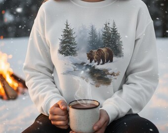 Sudadera con escena salvaje de osos pardos, suéter de polar de algodón con cuello redondo y gráfico blanco de árboles retro, jersey de diseñador para hombre y mujer.