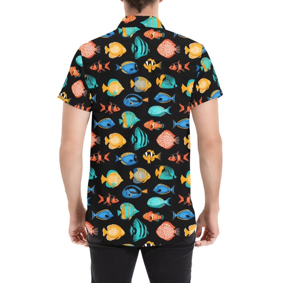Tropical Fish Short Sleeve Men Button Up Shirt, Exotic Fishing Colorful Print Casual Buttoned Down Summer Casual Dress Plus Size Collared
