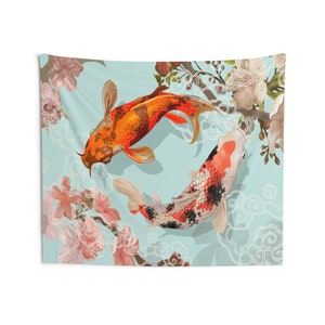 Koi Fish Tapestry, Japanese Watercolor Yin Yang Landscape Fabric Asian Wall Art Hanging Tapestries Large Small Decor Home Dorm Room Gift