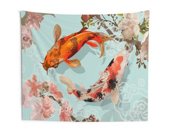 Koi Fish Tapestry, Japanese Watercolor Yin Yang Landscape Fabric Asian Wall Art Hanging Tapestries Large Small Decor Home Dorm Room Gift