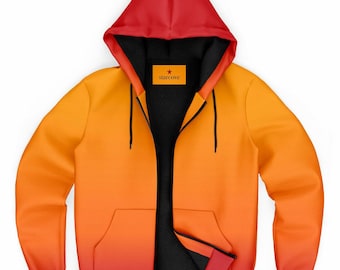 Orange Rot Ombre Zip Up Fleece gefüttert Hoodie, Tie Dye Farbverlauf Schwarz Schwergewicht Voll Reißverschluss Tasche Männer Frauen Unisex Kapuzen-Sweatshirt-Jacke