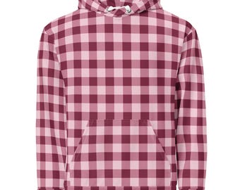 Pink Burgundy Check Cotton Hoodie, Blush Checkered Gingham Pullover Men Women Adult Graphic Hooded Sweatshirt Pockets Designer Plus Size