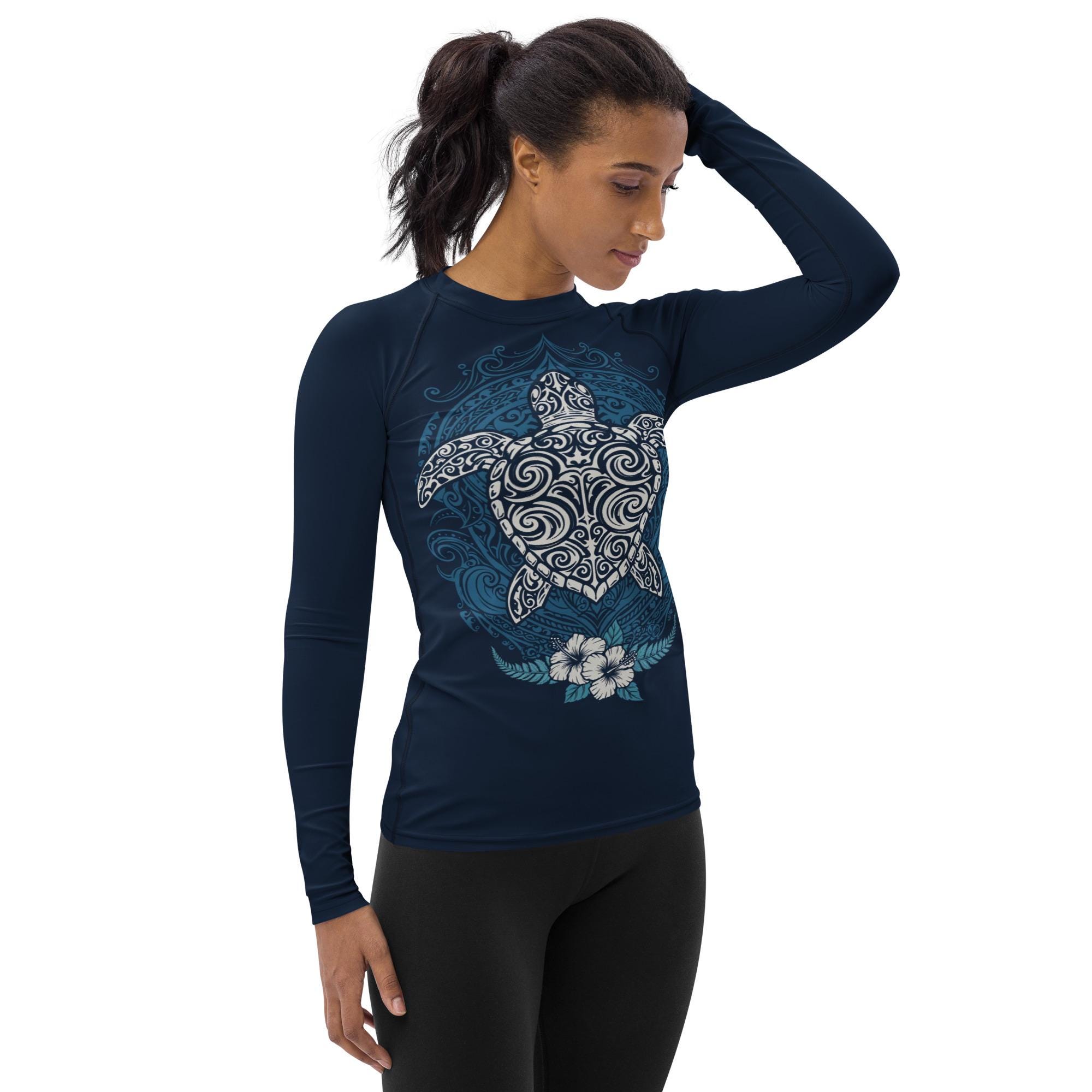Turtle Rash Guard Hawaiian Sea Turtle Women's Rash Guard, Blue Navy Print Surf Long ...
