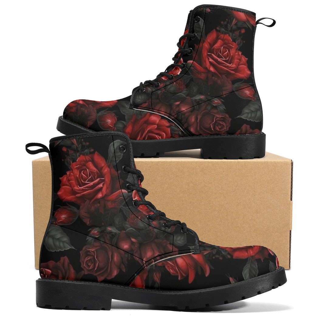 Black combat top boots with roses