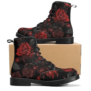 Red Roses Women Leather Boots, Floral Print Vegan Lace Up Shoes Hiking Black Ankle Combat Work Custom Army Waterproof Ladies