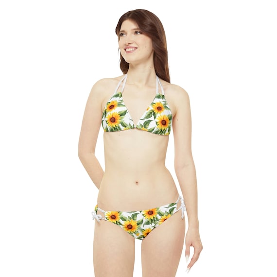 Sunflower Bikini Set Yellow Flowers Floral White Cute High Waisted Cheeky Bottom String Triangle Sexy Swimsuits Women Swimwear Etsy UK
