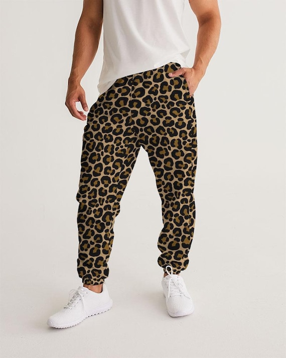 独特な Track Men Print Leopard Pants, Zip Brown Cheetah Animal パンツ