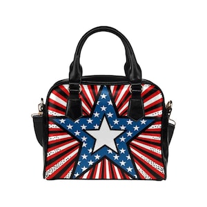 Sac à main drapeau américain, étoiles rayures rouge blanc bleu USA patriotique noir mignon petit sac à bandoulière en cuir végétalien femmes sac à main dames