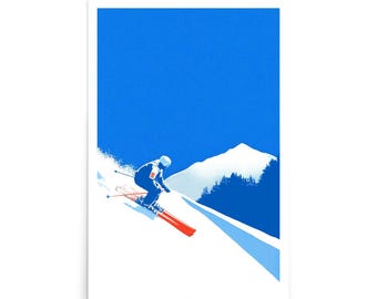 May include: A poster featuring a skier in a blue and white outfit, skiing down a snowy slope. The background includes a blue sky and a snow-covered mountain with trees. The skis are bright red.