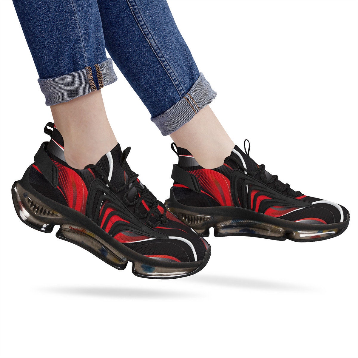 Red and Black Mens Air Cushion Sneakers, Breathable Mesh  display picture 1