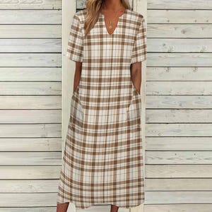 brown and white check dress Women Vintage Maxi dress