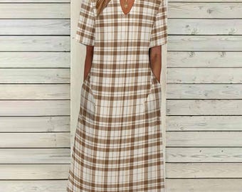 Brown Off White Plaid Women Maxi Dress, Tartan Check V-Neck Short Sleeve Evening Cocktail Ladies Handmade Designer Plus Size Outfit Pockets