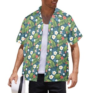 Golf Men Hawaiian shirt, Ball Floral Flowers Beach Green Leaves Vintage Aloha Hawaii Retro Tropical Plus Size Pocket Guys Button Down