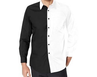 Half Black Half White Long Sleeve Men Button Up Shirt, Color Block Split Two Tone Combo Print Buttoned Collared Dress Shirt Chest Pocket