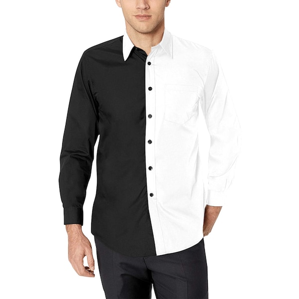 Halbes schwarzes, halb weißes Langarm-Herren-Button-Up-Shirt, Farbblock-Split-zweifarbiger Combo-Print mit geknöpftem Kragen, Hemdbrusttasche