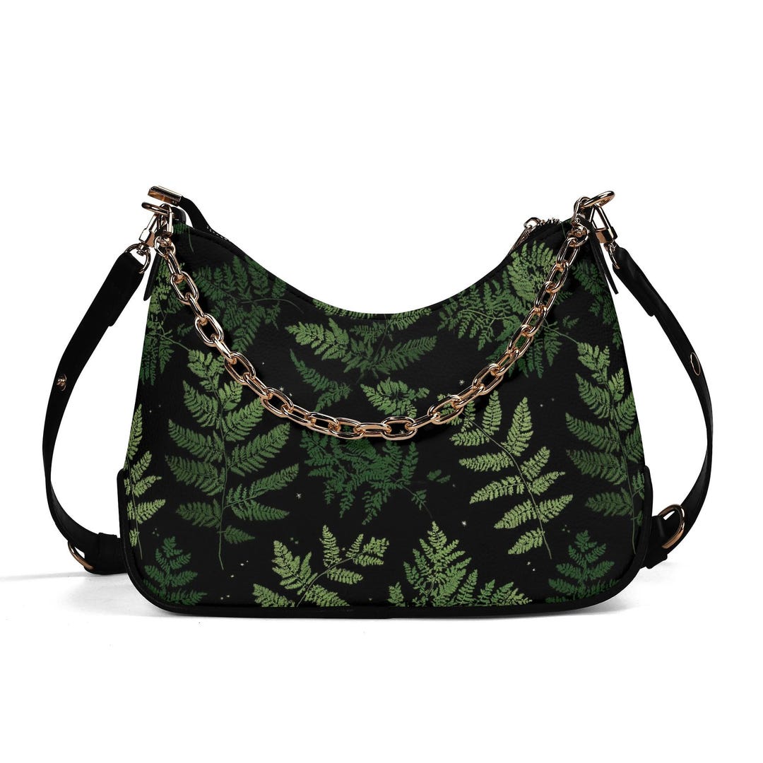 Fern Nature Handbag Crossbody Chain, Cottagecore Green Black