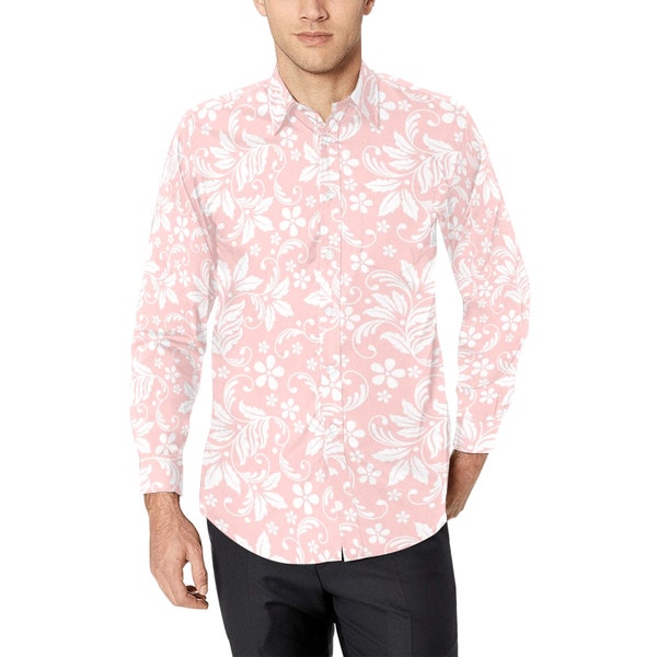 Pink Floral Long Sleeve Men Button Up Shirt, Flowers Print White Casual Buttoned Collared Designer Dress Shirt with Chest Pocket