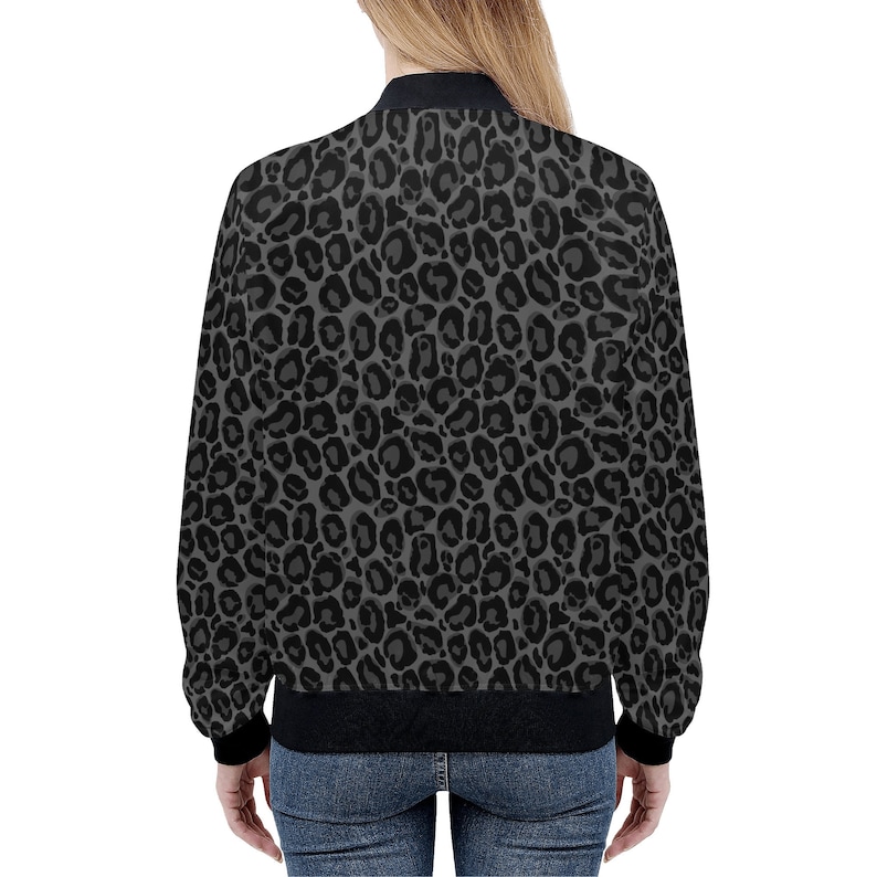 Chaqueta bomber de mujer de leopardo gris negro, estampado de guepardo animal con cremallera para invierno Vintage Varsity Warm Designer Coat Outfit Plus Size Ladies imagen 2