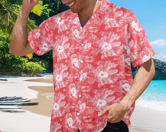 Rood Heren Hawaiiaans shirt, Witte Hibiscus Bloem Bloemen Vintage Aloha Hawaii Retro Zomer Tropisch Strand Plus Size Pocket Jongens Button Down