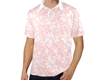 Pink White Floral Men Polo Shirt,  Vintage Flowers Short Sleeve Classic Collared Male Button Down Up Rugby Golf Gift Guys Tee Tshirt